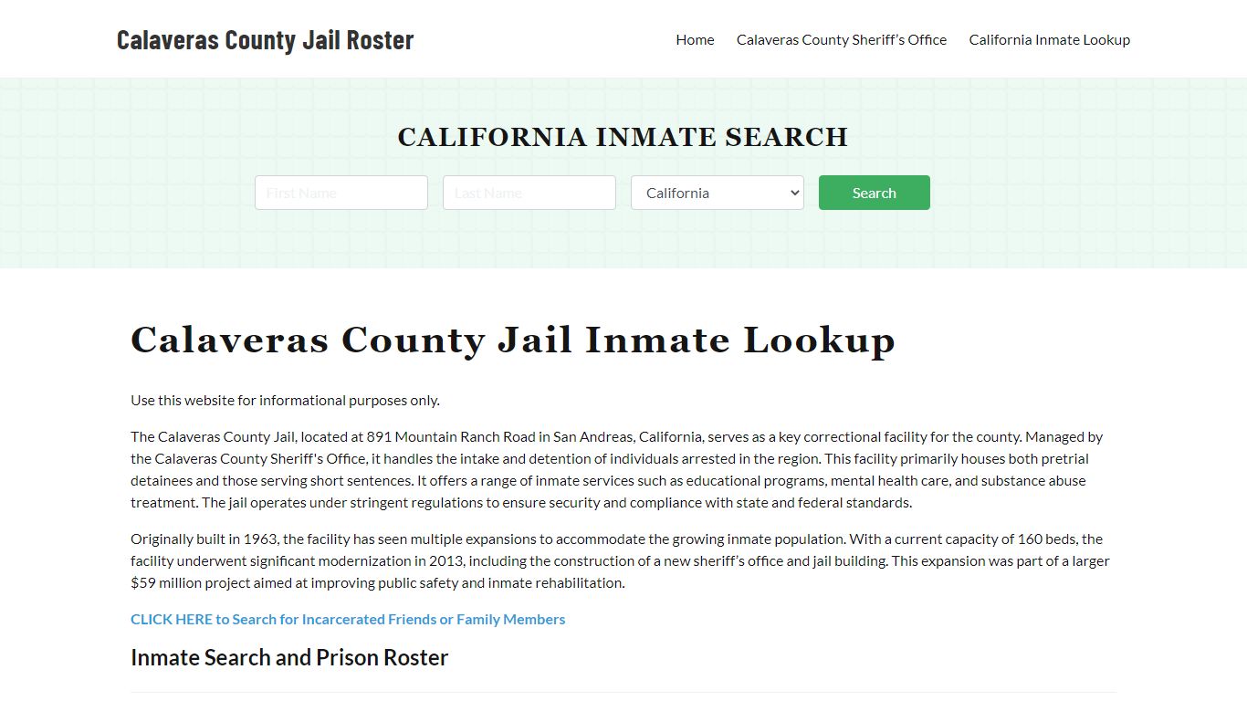 Calaveras County Jail Roster Lookup, CA, Inmate Search